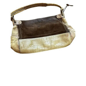Fossil Women's Brown Leather Suede Croc Embossed Hobo Handbag‎